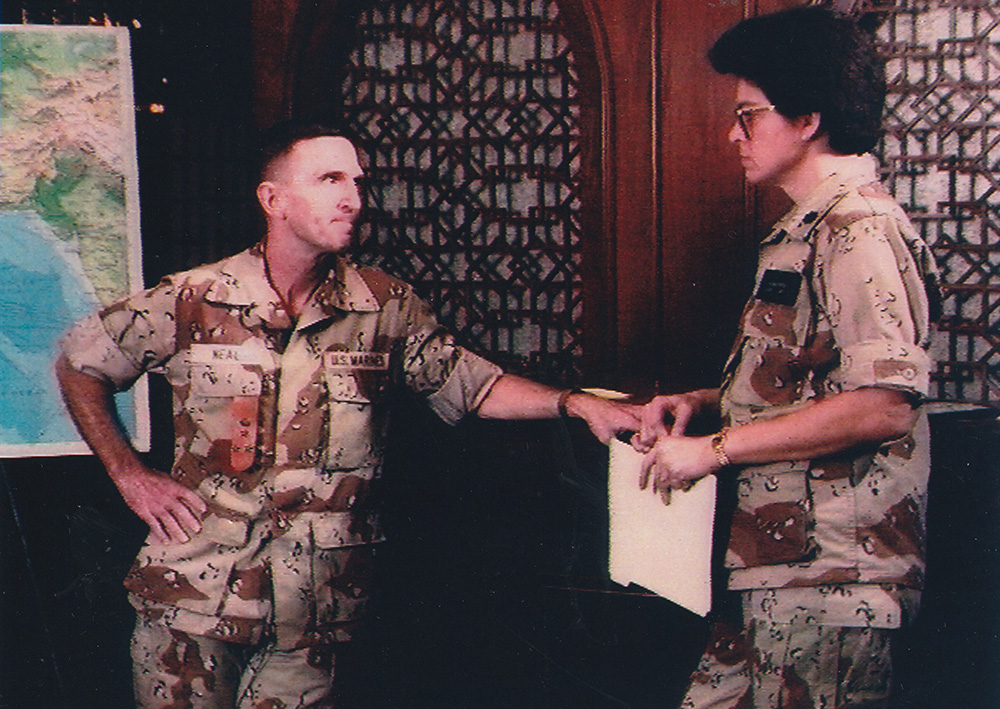 Virgina Pribyla and Gen Neal Before Desert Storm Briefing